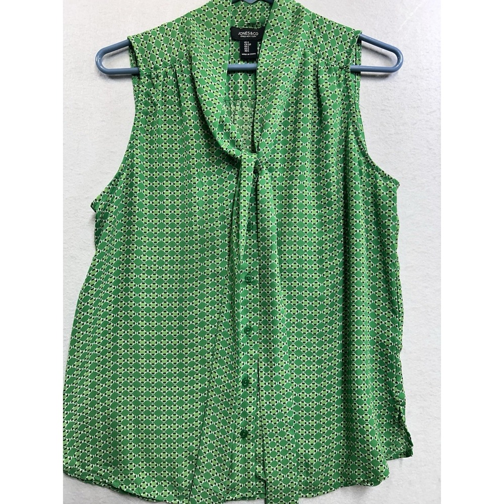 Jones & Co Women's Size Small Green Geometric Collared Sleeveless Button Blouse
